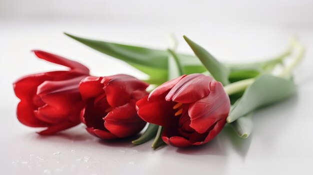 Closeup of red tulips on a white background generative ai