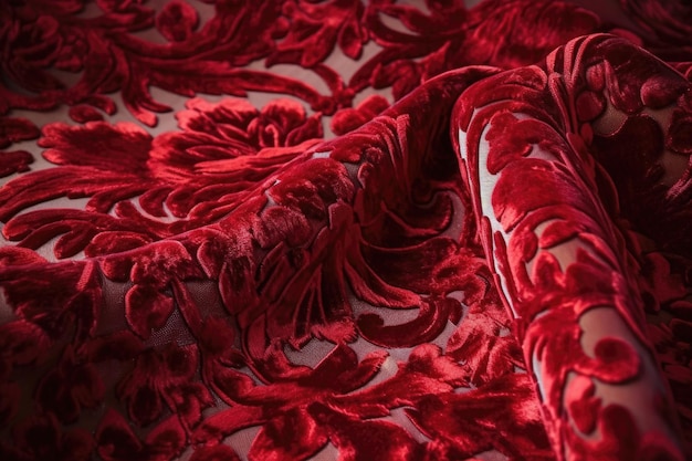 Foto primo piano del tessuto di velluto rosso con un design intricato e delicato creato con ai generativo