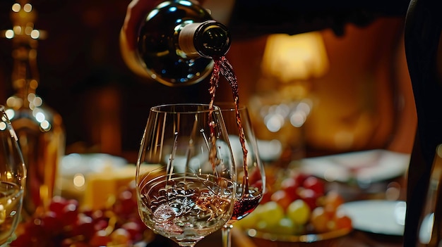 赤ワインがグラスに注がれるクローズアップ 背景にはワインのボトルが置かれていてその向こうには暗く照らされた部屋が見えます