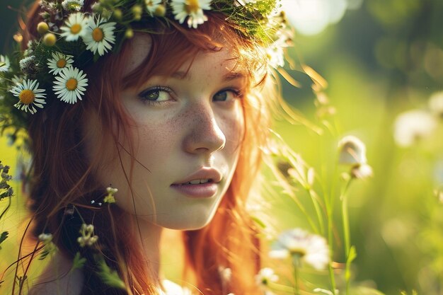 여름 초원에 꽃 화환을 들고 빨간 머리 소녀를 클로즈업