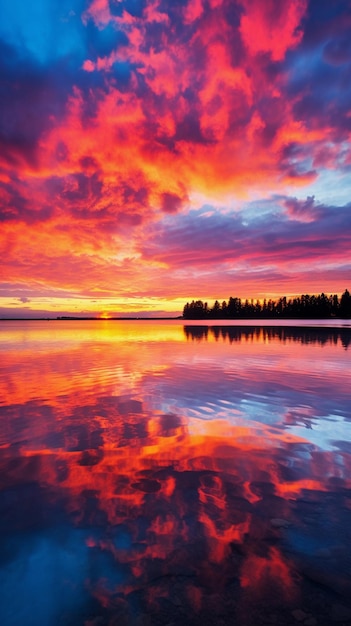 Photo a closeup of the reflection of a colorful sunrise in the calm lake