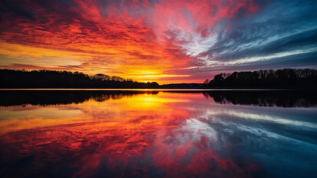 A closeup of the reflection of a colorful sunrise in the calm lake