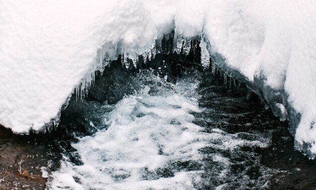 Closeup of refreshing water stream in the frozen forest Details of water splashing outdoors