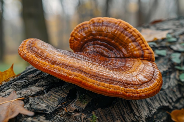 Photo closeup reishi mushrooms growing on the bark of a tree in a lush forest