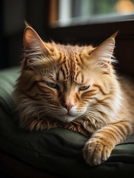 緑のクッションに横たわっているリラックスしたオレンジ色のタビー猫のクローズアップ