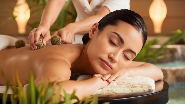 Closeup of relaxed woman getting back massage with herbal balls at health spa