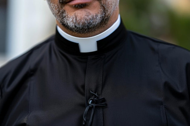 Photo closeup of religious clergy member wearing cassock and clerical collar