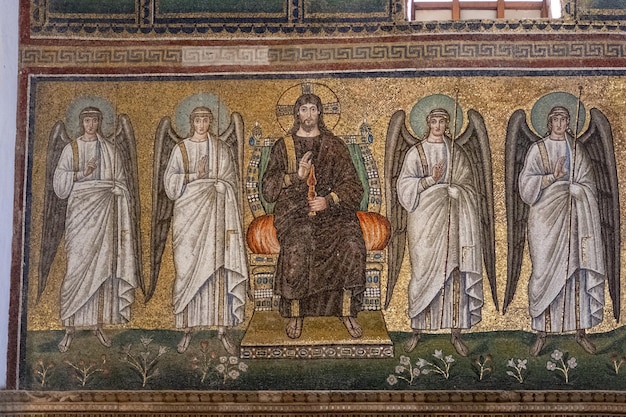 Closeup of religious mosaics on the walls of Sant'Apollinare in Classe at Ravenna, Italy