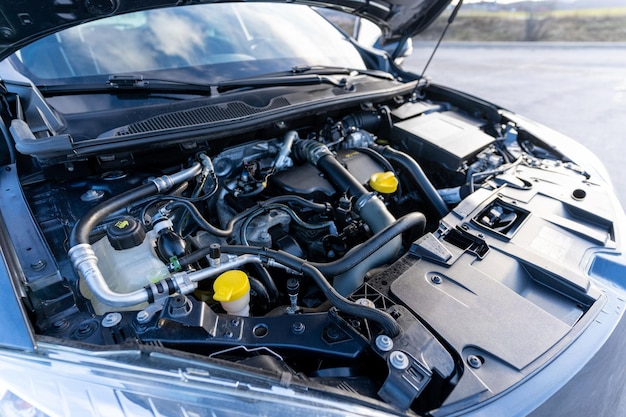 Closeup of a Renault Megane bonnet (hood) on the street with blurred background