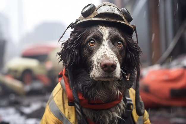 Foto close-up di un cane di soccorso con l'attrezzatura di sicurezza nella zona del disastro