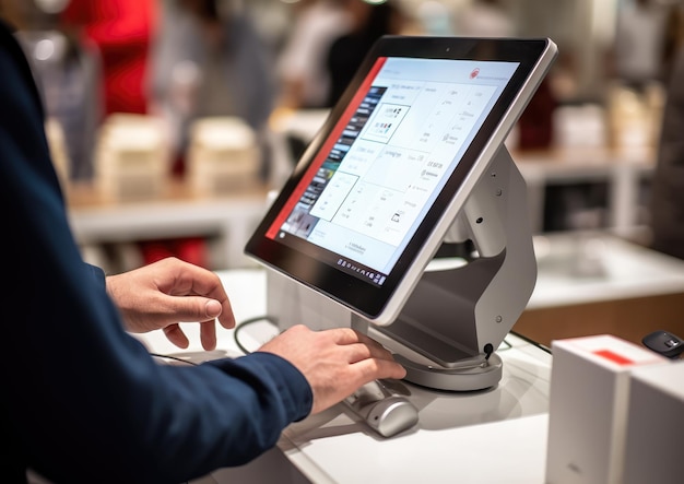 A closeup of a retail worker's hands interacting with an AIpowered Point Of Sale POS system