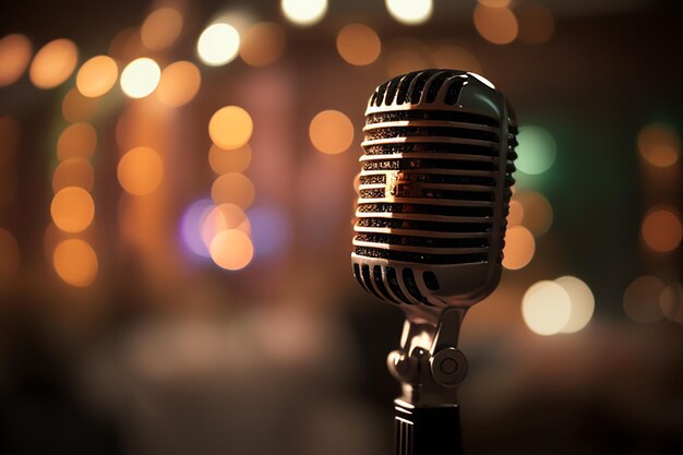 CloseUp of Retro Microphone on Stage with Blurred Background