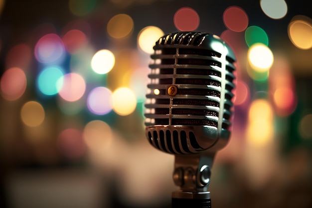 CloseUp of Retro Microphone on Stage with Blurred Background