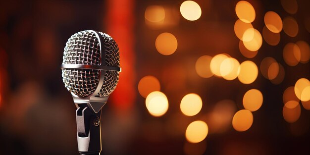 Closeup of retro microphone on stage with a bokeh light backdrop karaoke concept generative ai