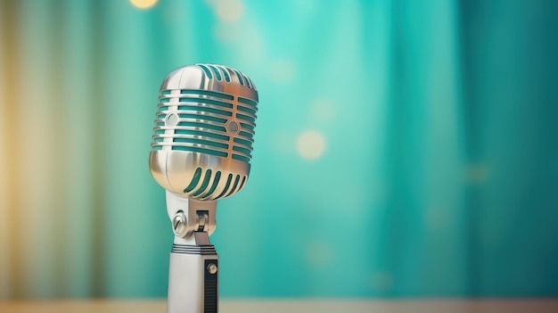 Closeup a retro old microphone on color vibrant bright blurred background Generate AI image