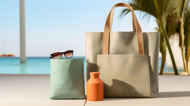 A closeup of reusable travel essentials like a water bottle tote bag