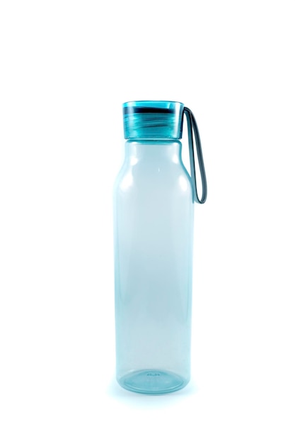 Closeup of reusable water bottle with blue bottle cap