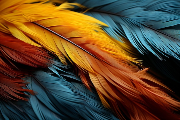 Closeup reveals the intricate details of a blue and yellow feather's beauty