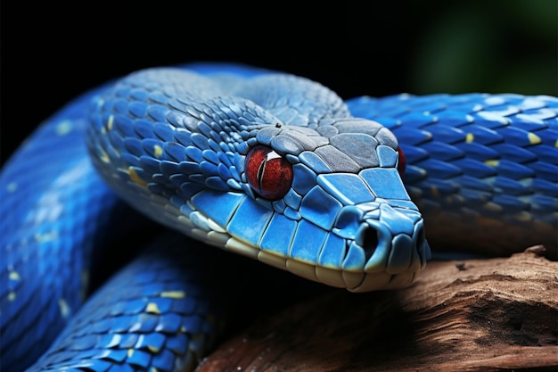 Closeup reveals the mesmerizing transformed face of a blue viper snake