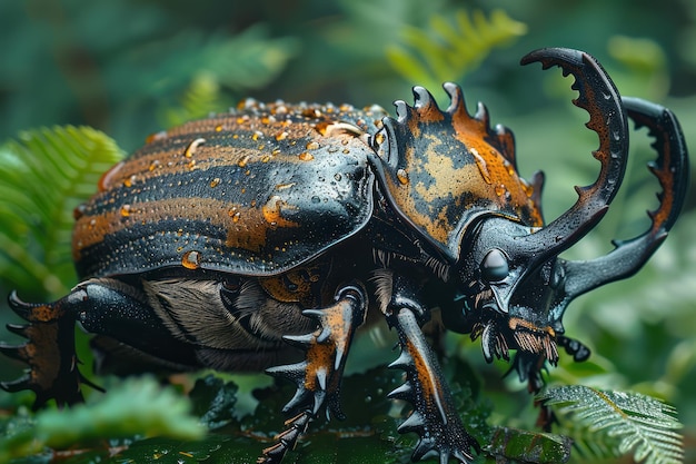 A closeup of a rhinoceros beetle showcasing its formidable horn and the detailed texture of its ar
