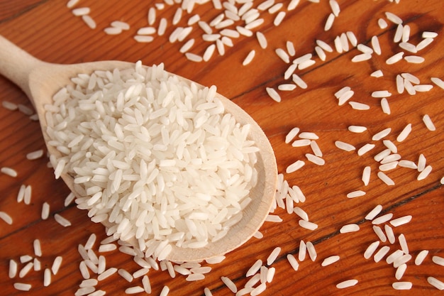 Closeup of rice in a wooden spoon on a wooden surface