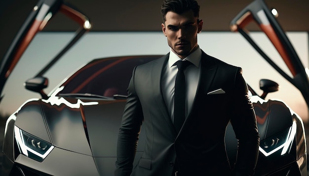 A CloseUp of a Rich Businessman Standing in Front of a Luxurious Supercar Generative AI