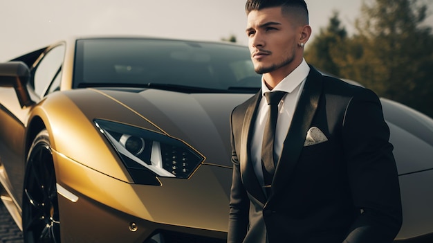 A CloseUp of a Rich Businessman Standing in Front of a Luxurious Supercar Generative AI