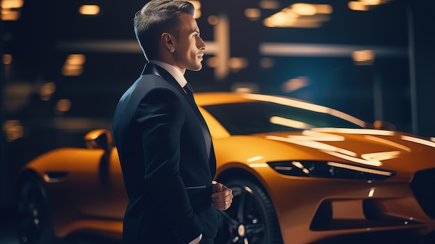 A CloseUp of a Rich Businessman Standing in Front of a Luxurious Supercar Generative AI