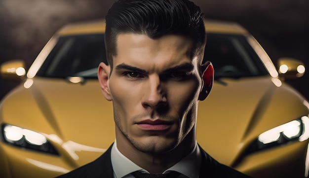 A CloseUp of a Rich Businessman Standing in Front of a Luxurious Supercar Generative AI
