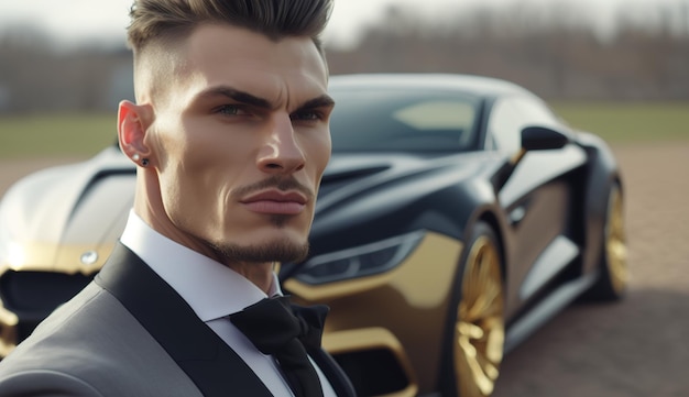 A CloseUp of a Rich Businessman Standing in Front of a Luxurious Supercar Generative AI