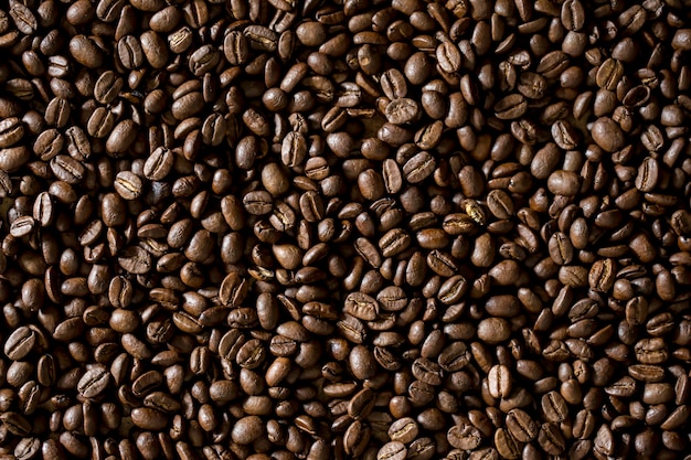 Closeup of rich dark coffee beans roasted