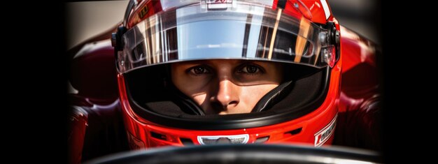 A closeup of a rider wearing a safety helmet