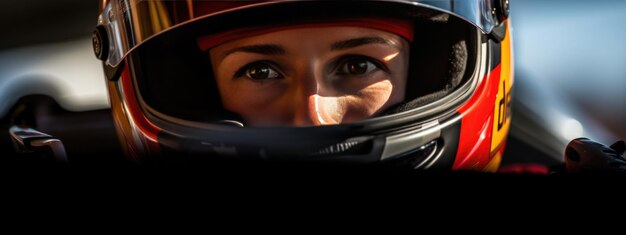 A closeup of a rider wearing a safety helmet