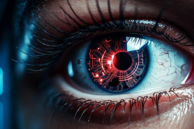 Близкий взгляд правого глаза с искусственной сетчаткой будущая биомедицинская технология для распознавания объектов