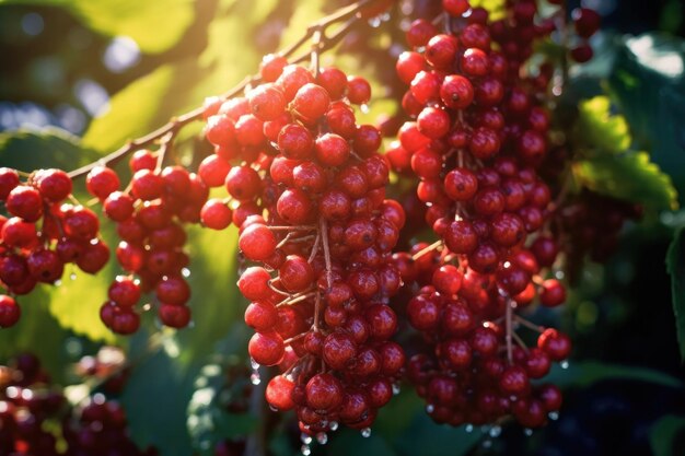 Closeup of ripe berries on a bush in sunlight created with generative ai