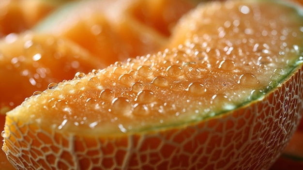 Photo a closeup of a ripe cantaloupe its orange flesh shimmering with dew drops ai generate illustration