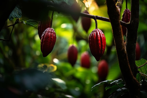 Крупный план спелых стручков какао среди зеленых листьев в рассеянном солнечном свете