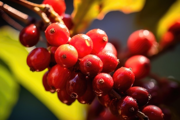 Closeup of ripe coffee cherries on the branch created with generative ai