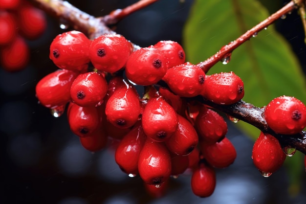 Closeup of ripe coffee cherries on branch created with generative ai