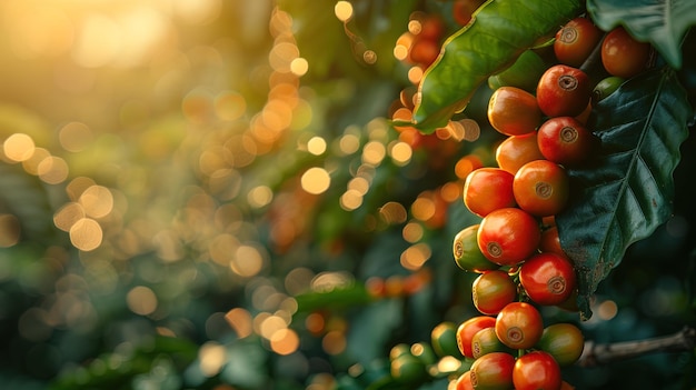 Closeup of ripe coffee cherries hanging from the branches ready for harvest against a back
