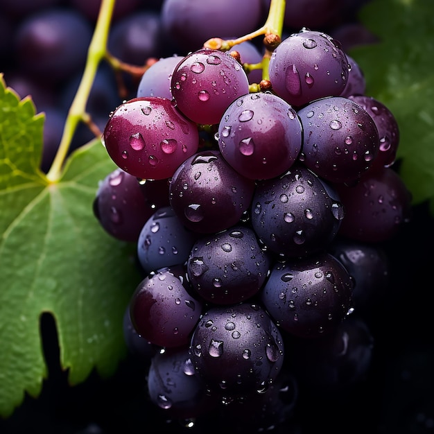 Closeup Ripe Dark Grape Berry with Water Drops