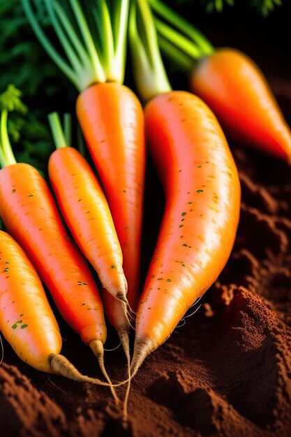 Closeup of ripe fresh carrots with bush growing in soil in garden