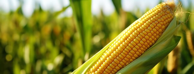 Photo closeup of ripe golden corn cobs in corn plantation field agriculture background generative ai