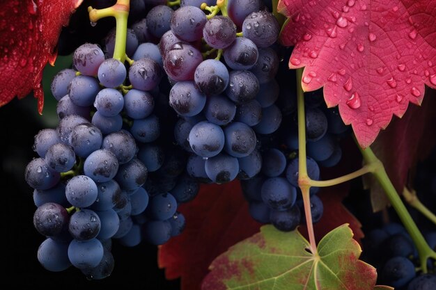 Closeup of ripe grapes on the vine created with generative ai