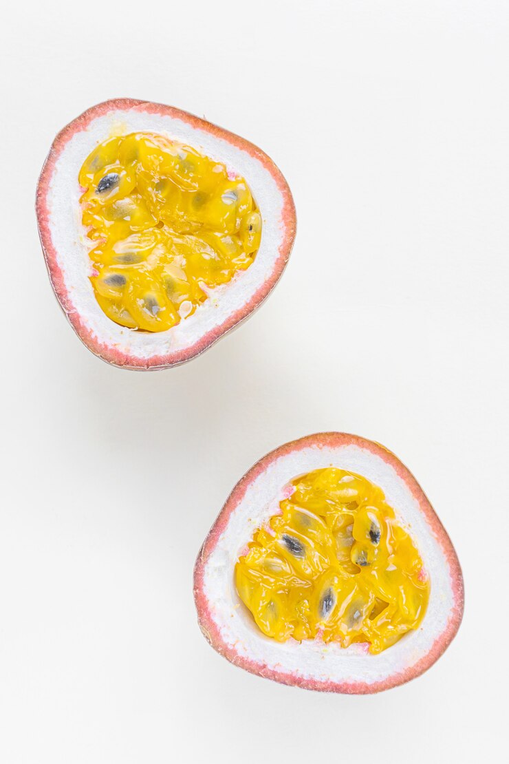 Closeup ripe juicy passion fruit close-up. The concept of exotic fruits, wholesome organic food, vegetarianism.