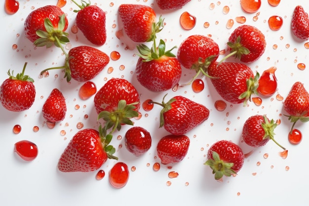 Closeup of ripe juicy strawberries scattered on a white surface