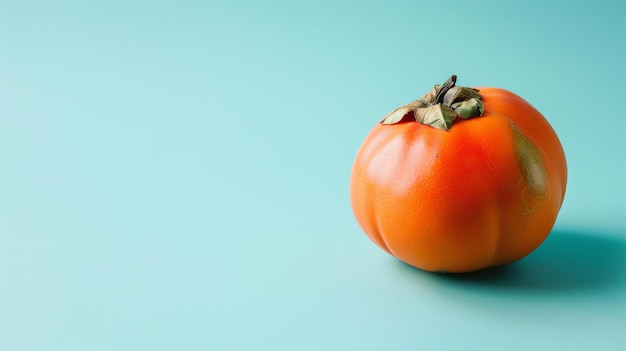 Closeup of a ripe persimmon on blue background The persimmon is a round fruit with a smooth orange skin and a sweet juicy flesh