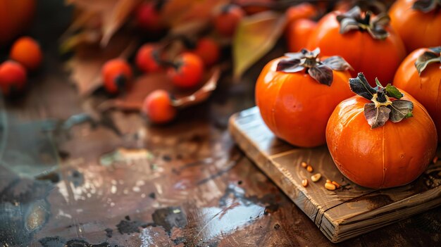 Photo closeup of ripe persimmons on a wooden table the persimmons are orange and have a smooth shiny skin the leaves are green and have a serrated edge