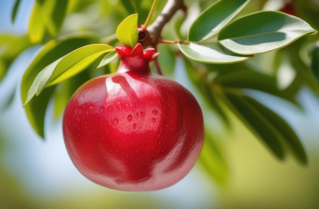 closeup ripe pomegranate hanging from a branch of pomegranate trees orchard pomegranate garden sunny day