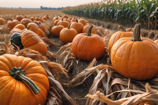 Closeup of ripe pumpkins with a blurred cornfield in the background